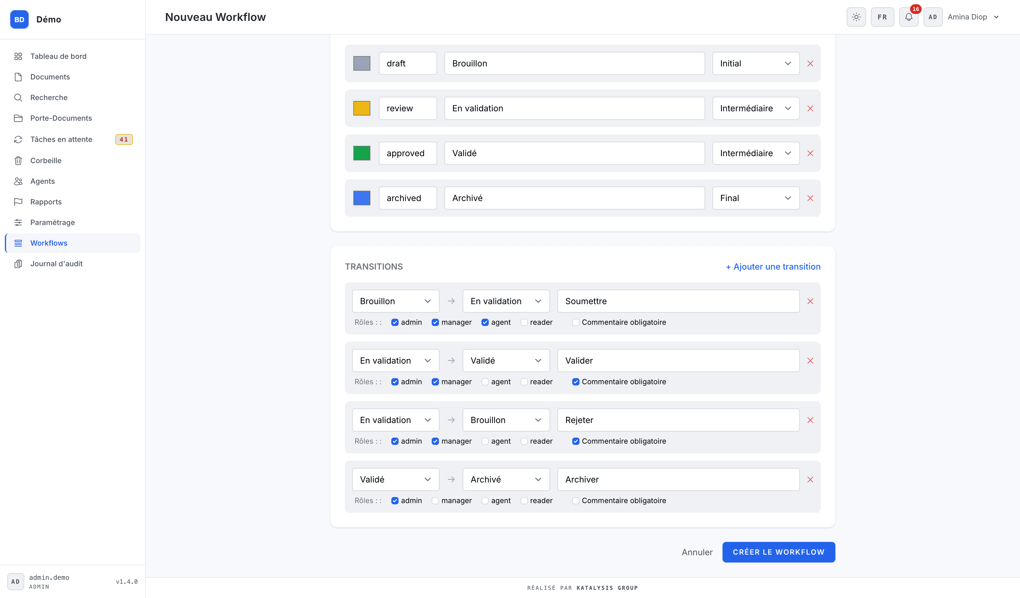 Interface de configuration des workflows SOLUGEID avec étapes colorées et statuts de validation